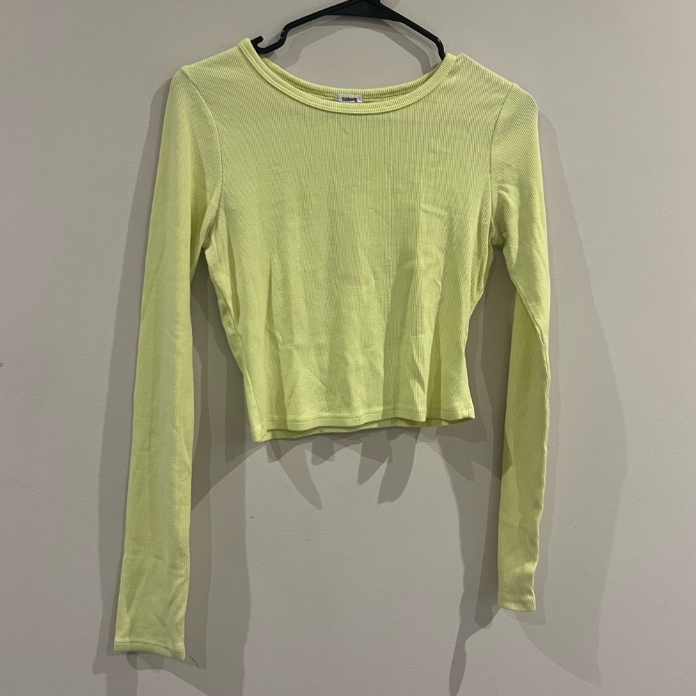 Garage Green/Yellow Ribbed Long Sleeve Top and Plain Black Crop Long Sleeve Top